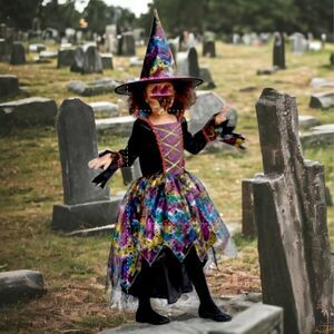 Kids Glitter Hallows Eve Witch Costume Various Sizes